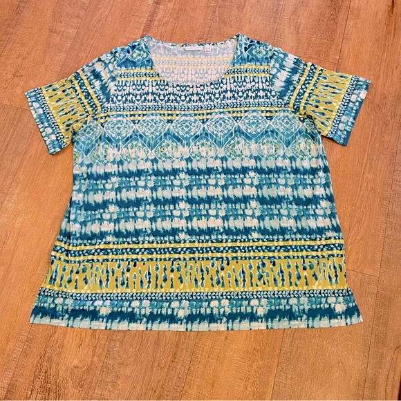 Susan Graver Allover Print Aqua Green Liquid Knit Short Split Sleeve Tunic 3X - Picture 1 of 6